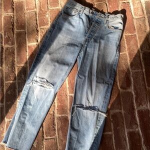 Re/Done Light Blue Distressed Straight Leg Jeans
